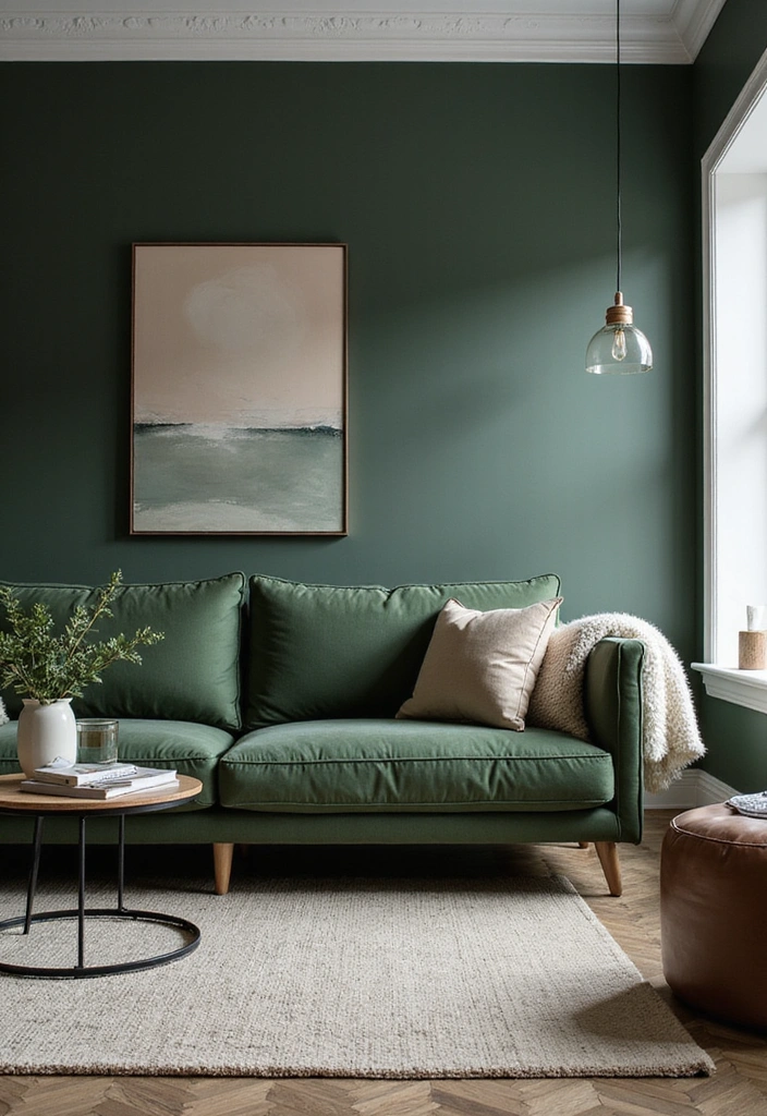 32 Dark Green Living Room Ideas for an Elegant and Cozy Vibe - 10. Mixing Dark Green with Neutrals