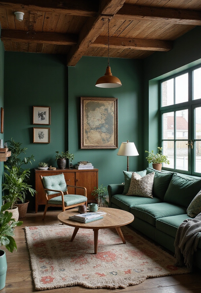 32 Dark Green Living Room Ideas for an Elegant and Cozy Vibe - 12. Rustic Dark Green Elements
