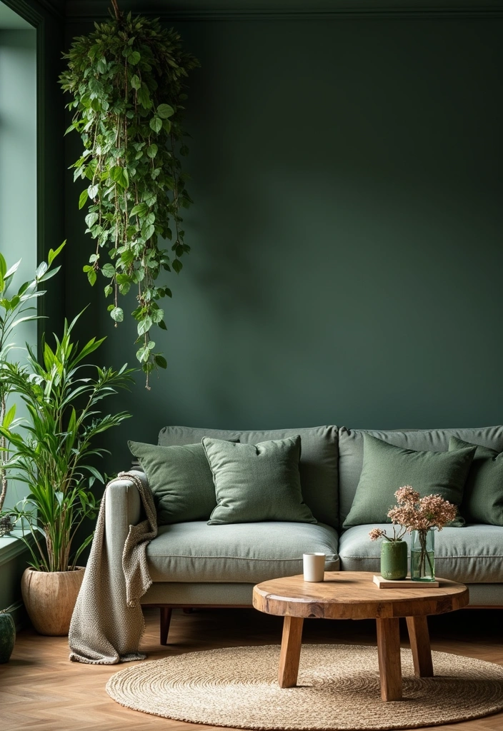 32 Dark Green Living Room Ideas for an Elegant and Cozy Vibe - 17. Nature-Inspired Decor
