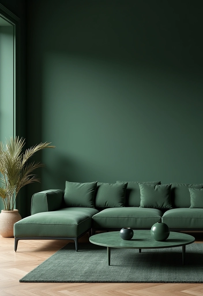32 Dark Green Living Room Ideas for an Elegant and Cozy Vibe - 18. Minimalist Dark Green Decor