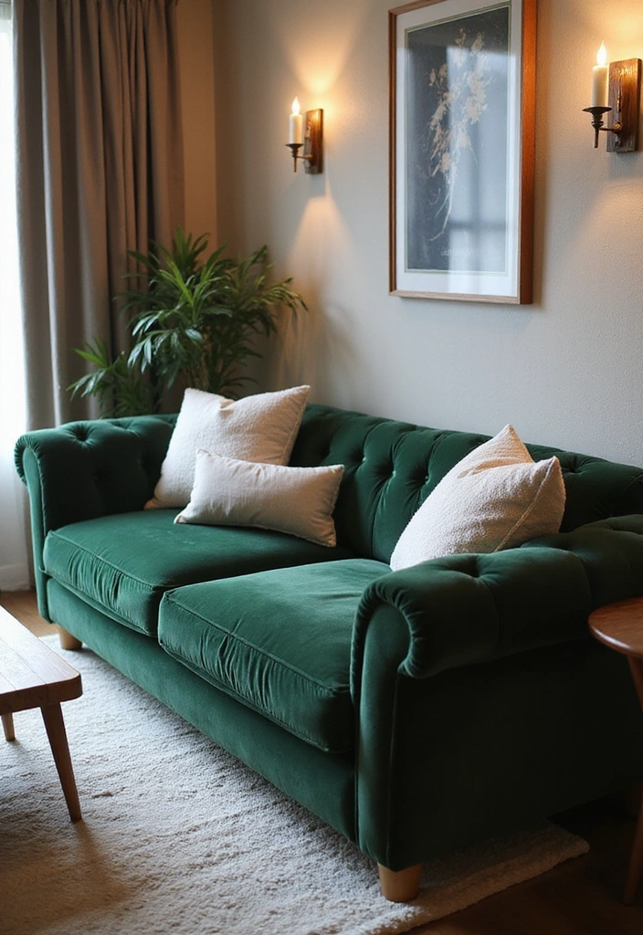 32 Dark Green Living Room Ideas for an Elegant and Cozy Vibe - 2. Lush Green Velvet Sofa