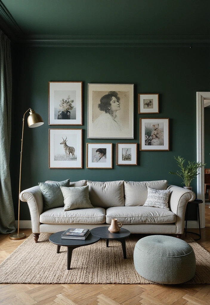 32 Dark Green Living Room Ideas for an Elegant and Cozy Vibe - 21. Dark Green Gallery Wall