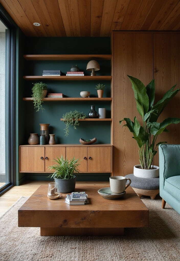 32 Dark Green Living Room Ideas for an Elegant and Cozy Vibe - 23. Dark Green and Warm Wood