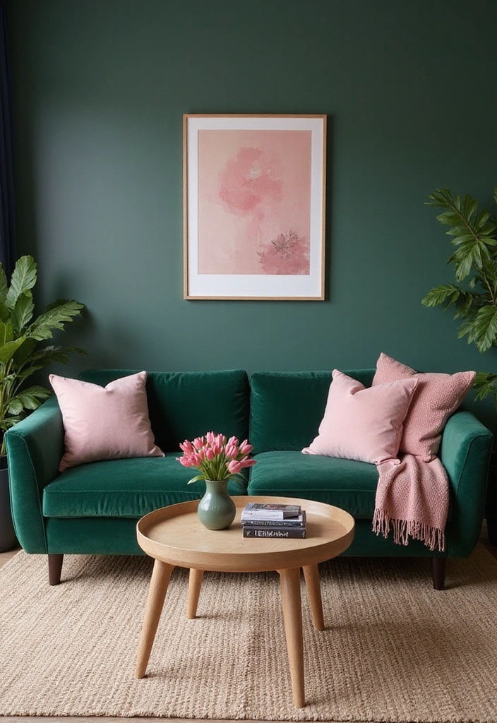 32 Dark Green Living Room Ideas for an Elegant and Cozy Vibe - 24. Dark Green with Soft Pink Accents