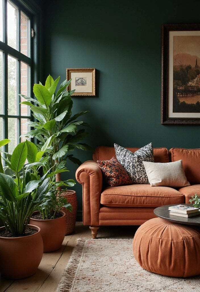 32 Dark Green Living Room Ideas for an Elegant and Cozy Vibe - 28. Dark Green and Terracotta Accents