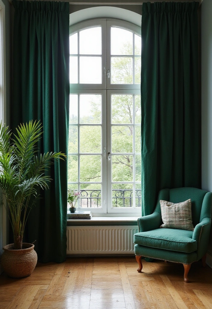 32 Dark Green Living Room Ideas for an Elegant and Cozy Vibe - 6. Dark Green Curtains