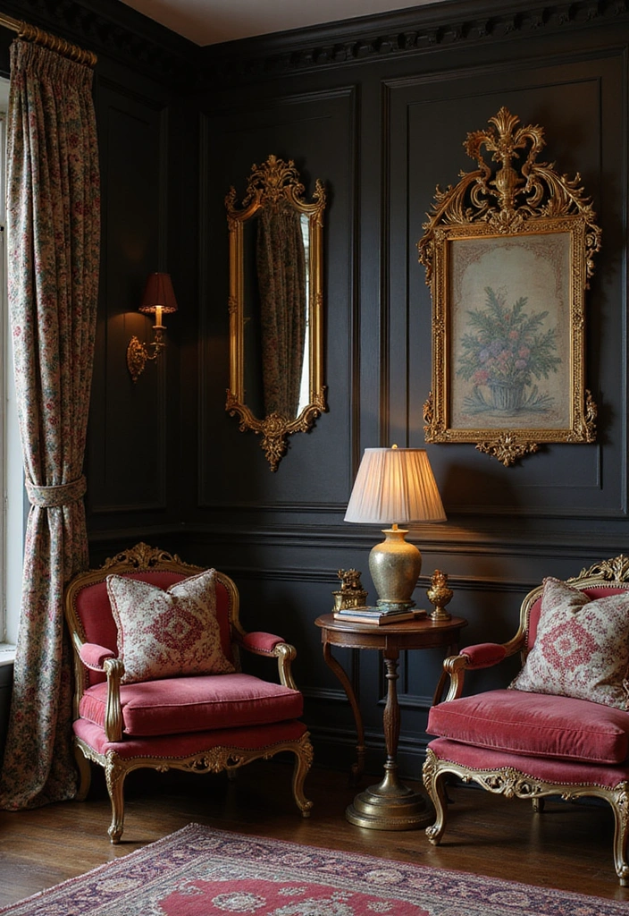 How to Mix Paint Colors and Natural Textures with Dark Wood Floors for a Balanced Look - 18. Vintage Glam with Rich Textures