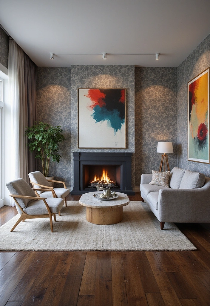 How to Mix Paint Colors and Natural Textures with Dark Wood Floors for a Balanced Look - 20. Bold Graphics for a Modern Statement