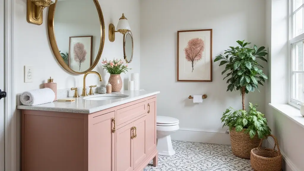 21 Bold Bathroom Update: Blush Vanity, Graphic Tile & Polished Brass Accents That Shine
