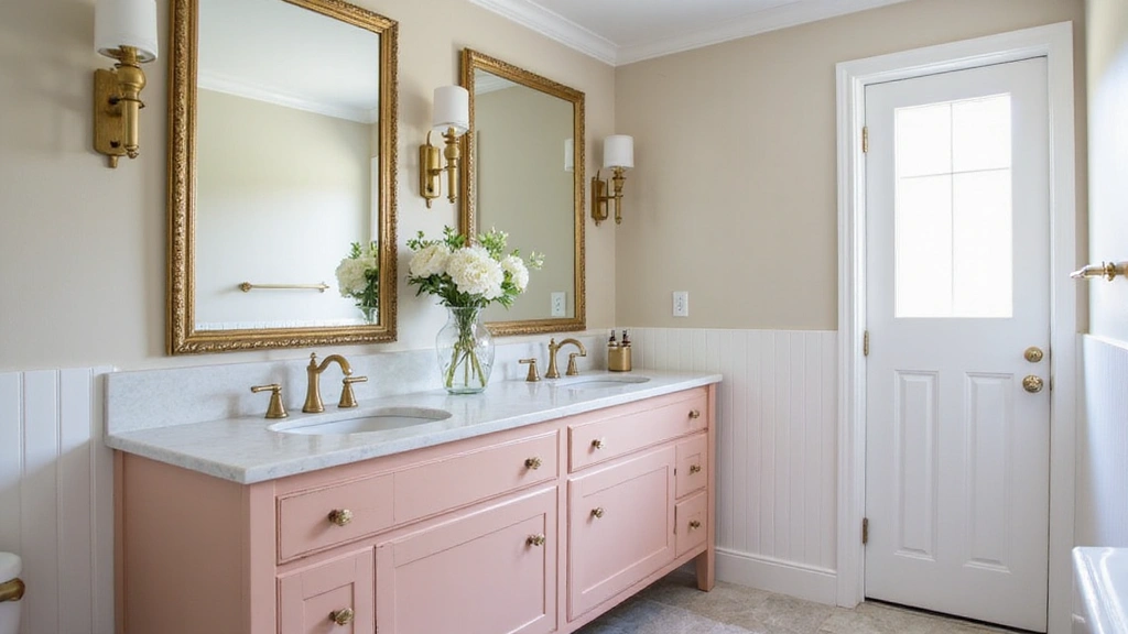 21 Dreamy Blush Shaker Vanity and Penny-Round Backsplash with Sculptural Brass Lighting
