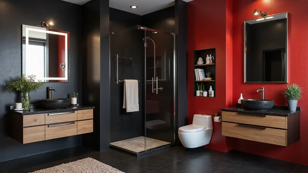 21 Stunning Black And Red Bathroom Decor: Epoxy-Painted Walls, Oak Vanity and Backlit Mirror - Home by Maria Faller