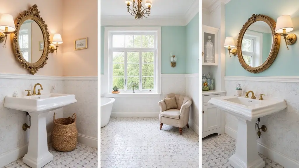 21 Stunning Pastel Powder Rooms with Marble Mosaic Floors, Brass Fixtures and Floral Sconces
