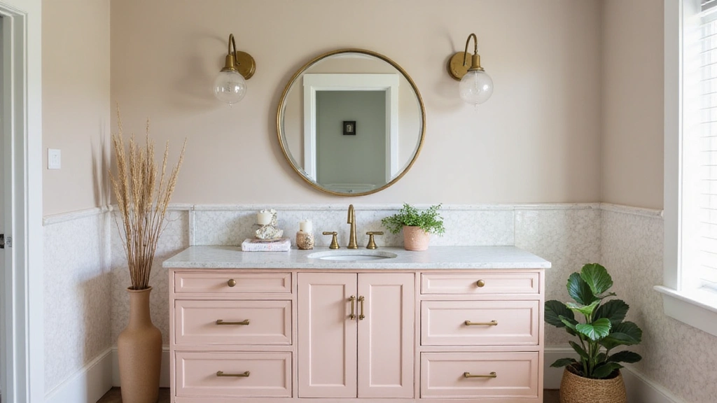 35 Dreamy Blush Shaker Vanity and Penny-Round Backsplash with Sculptural Brass Lighting