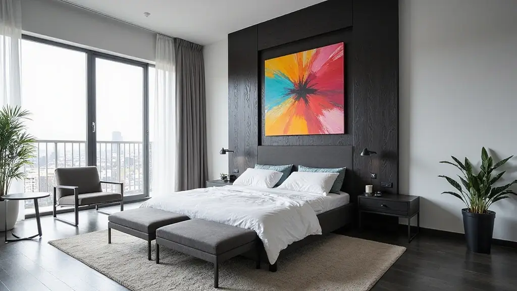 27 Modern Black and White Bedroom Ideas With A Vibrant Pop Of Colorful Artwork
