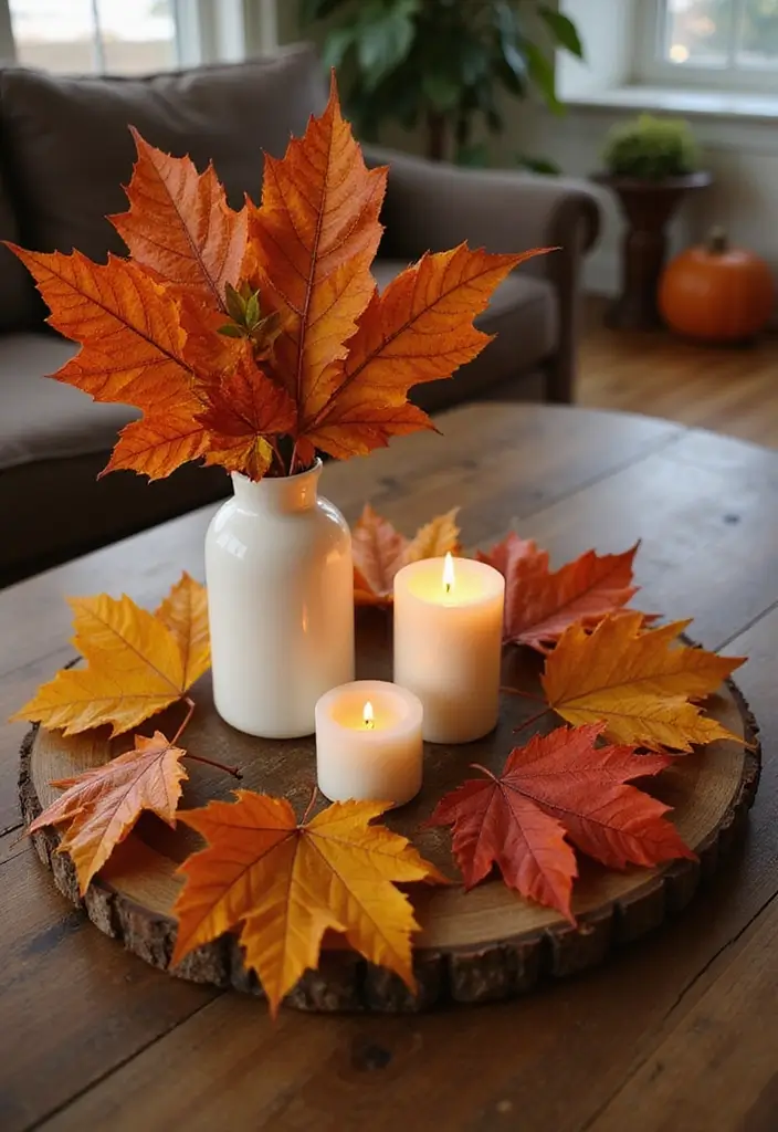 45 Cozy Farmhouse Coffee Table Fall Decor Ideas For A Warm & Inviting Living Room - 12. Colorful Leaves