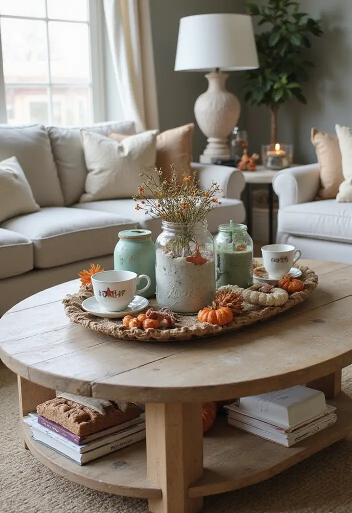 45 Cozy Farmhouse Coffee Table Fall Decor Ideas For A Warm & Inviting Living Room - 14. Repurposed Items