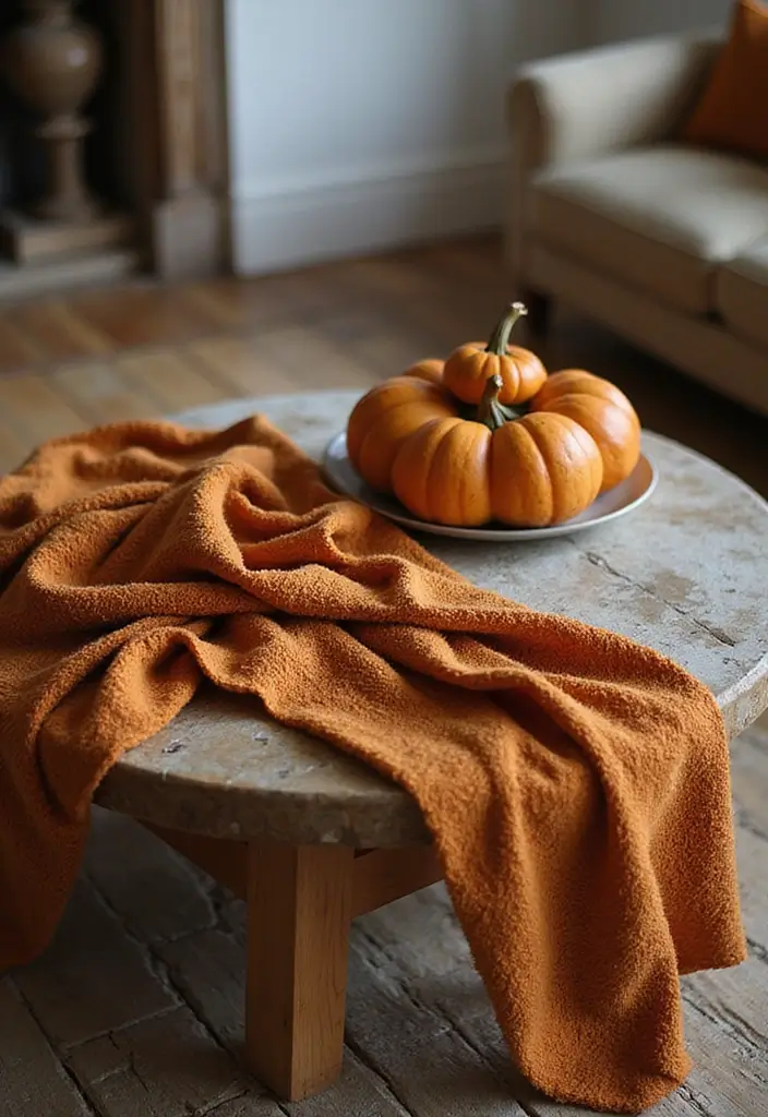 45 Cozy Farmhouse Coffee Table Fall Decor Ideas For A Warm & Inviting Living Room - 17. Layered Fabrics