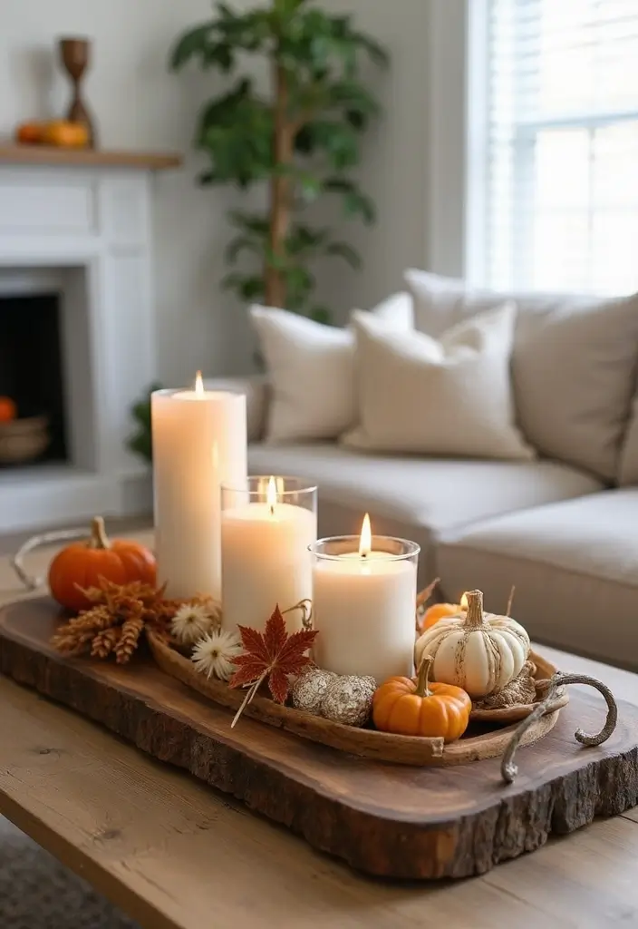 45 Cozy Farmhouse Coffee Table Fall Decor Ideas For A Warm & Inviting Living Room - 18. Rustic Trays