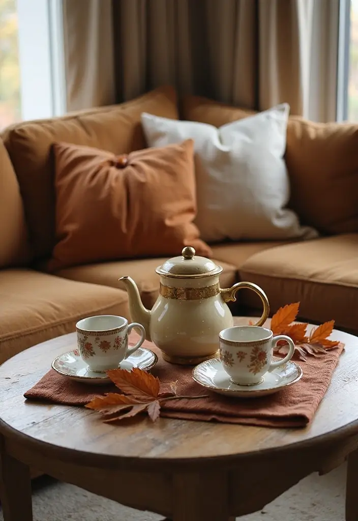 45 Cozy Farmhouse Coffee Table Fall Decor Ideas For A Warm & Inviting Living Room - 20. Warm Tea and Coffee Set