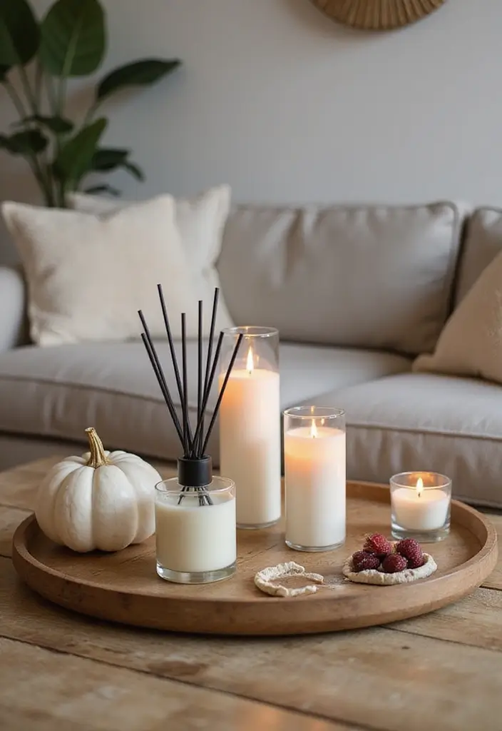 45 Cozy Farmhouse Coffee Table Fall Decor Ideas For A Warm & Inviting Living Room - 27. Seasonal Scent Diffusers