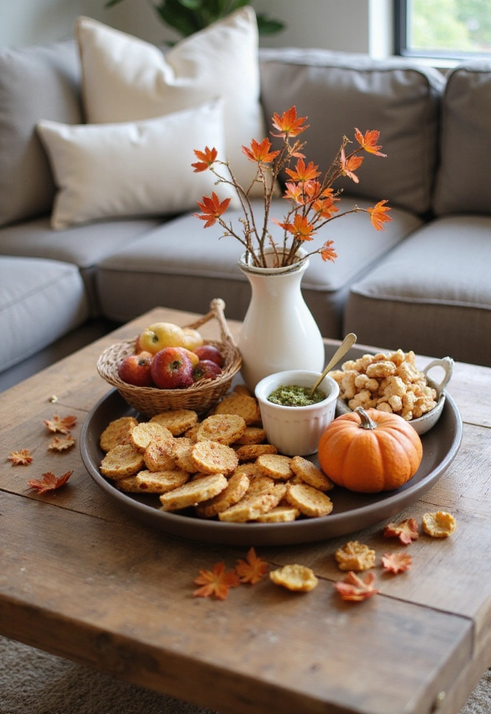 45 Cozy Farmhouse Coffee Table Fall Decor Ideas For A Warm & Inviting Living Room - 39. Autumn-Themed Serving Trays