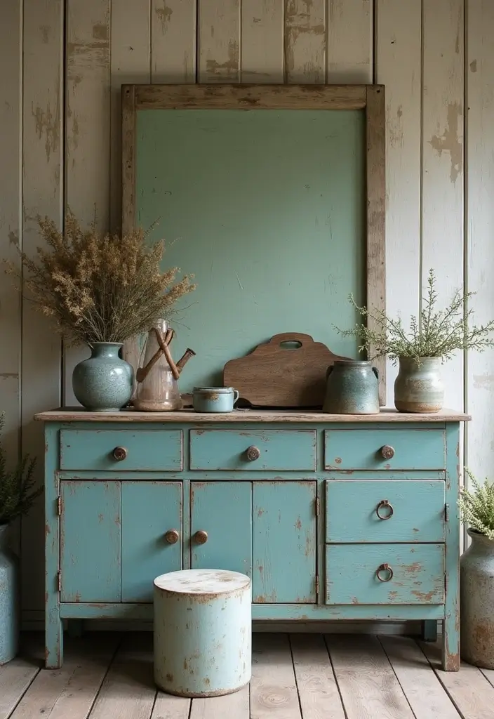 The Soothing Palette: 25 Muted Blue & Green Farmhouse Decor Ideas We Love - 11. Vintage Farmhouse Finds