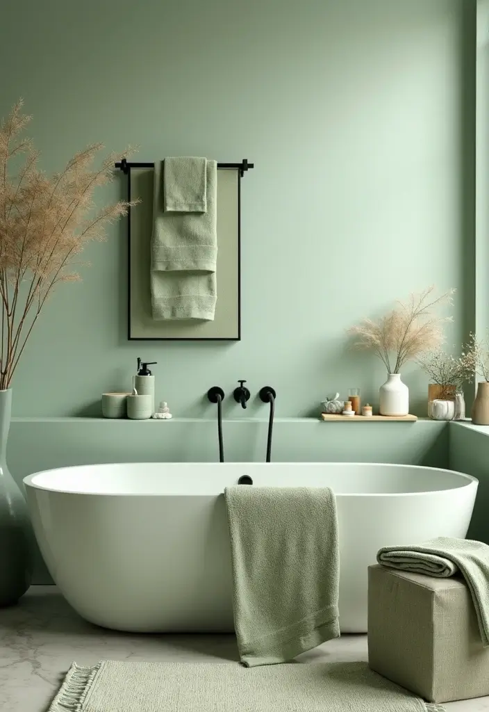 The Soothing Palette: 25 Muted Blue & Green Farmhouse Decor Ideas We Love - 12. Muted Green Bathroom Accessories