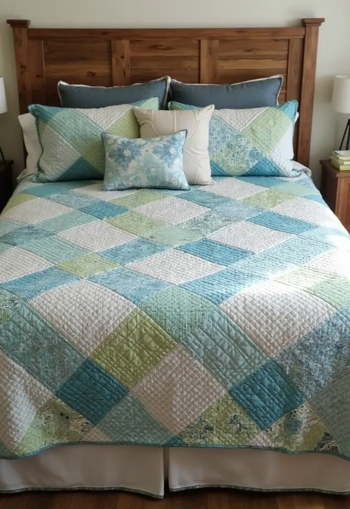 The Soothing Palette: 25 Muted Blue & Green Farmhouse Decor Ideas We Love - 13. Muted Blue and Green Quilt