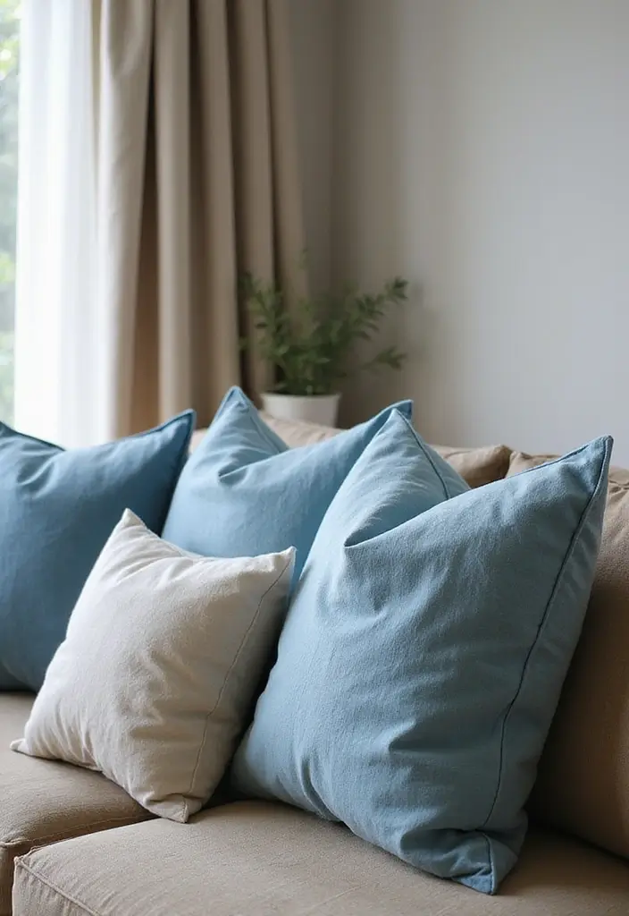 The Soothing Palette: 25 Muted Blue & Green Farmhouse Decor Ideas We Love - 14. Muted Blue Throw Pillows