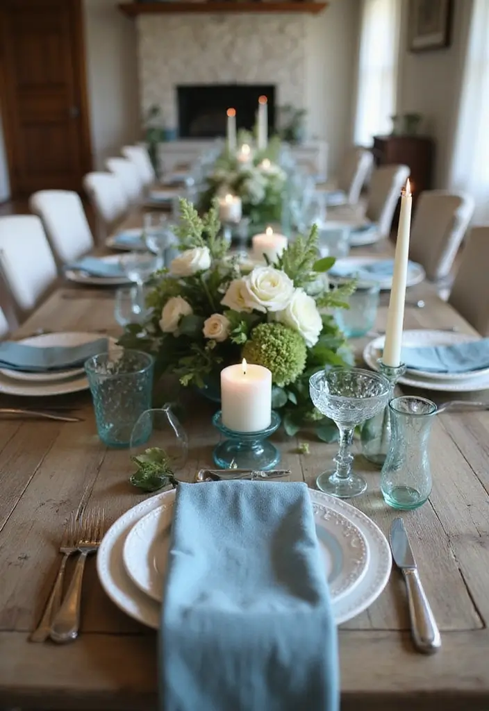The Soothing Palette: 25 Muted Blue & Green Farmhouse Decor Ideas We Love - 15. Table Centerpieces in Muted Tones