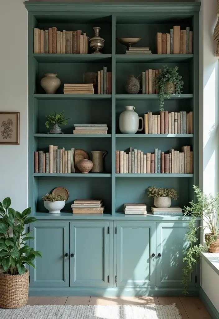 The Soothing Palette: 25 Muted Blue & Green Farmhouse Decor Ideas We Love - 18. Muted Blue and Green Bookcases