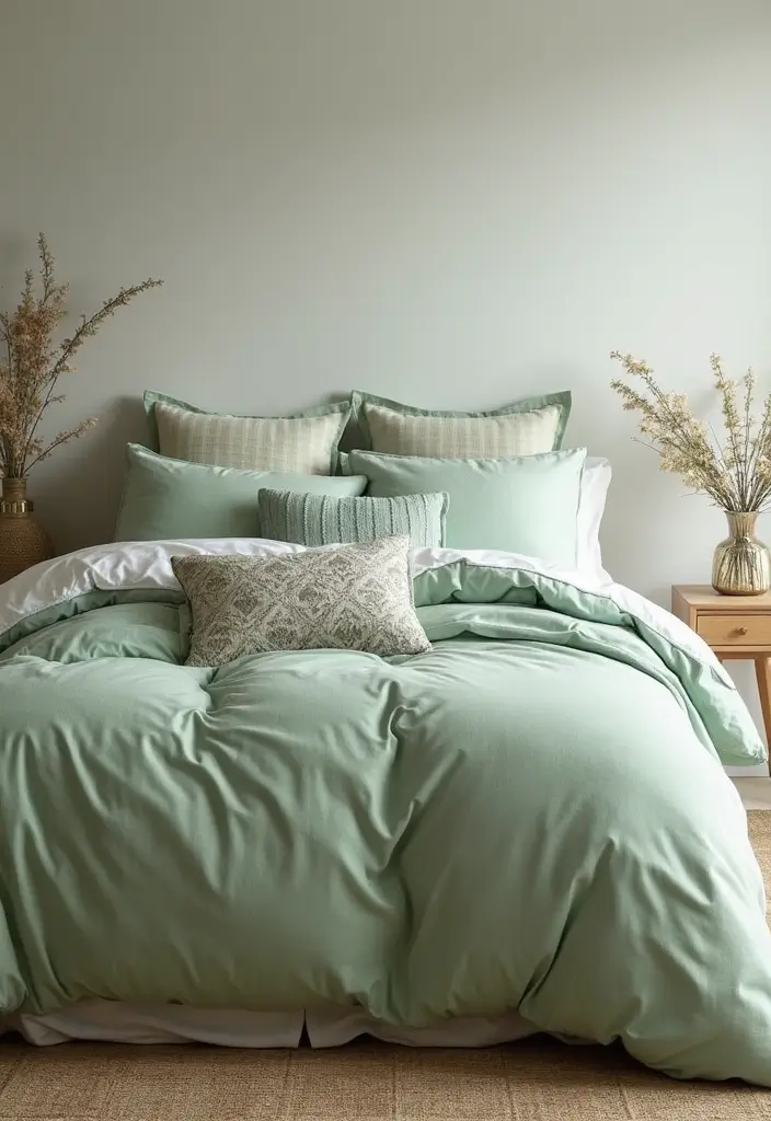 The Soothing Palette: 25 Muted Blue & Green Farmhouse Decor Ideas We Love - 21. Soft Green Bedding