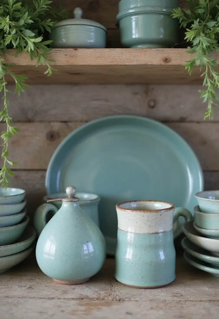 The Soothing Palette: 25 Muted Blue & Green Farmhouse Decor Ideas We Love - 23. Handcrafted Pottery in Muted Shades