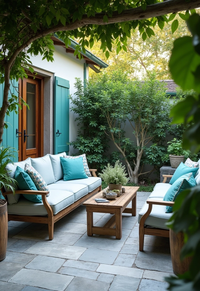 The Soothing Palette: 25 Muted Blue & Green Farmhouse Decor Ideas We Love - 24. Muted Blue and Green Outdoor Decor