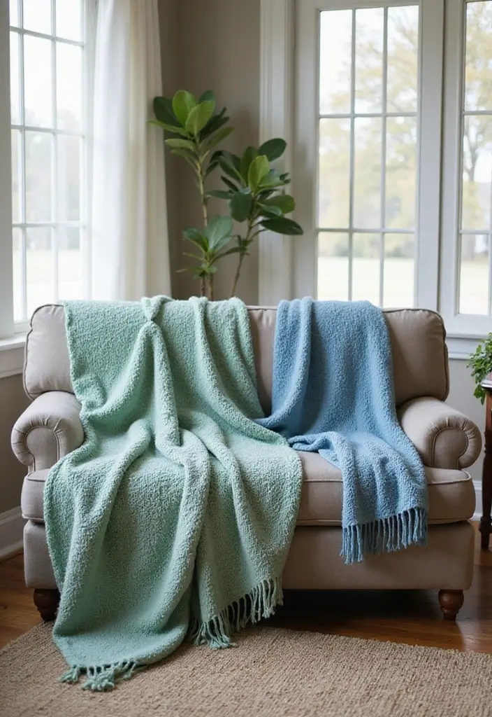 The Soothing Palette: 25 Muted Blue & Green Farmhouse Decor Ideas We Love - 25. Muted Blue and Green Throw Blankets