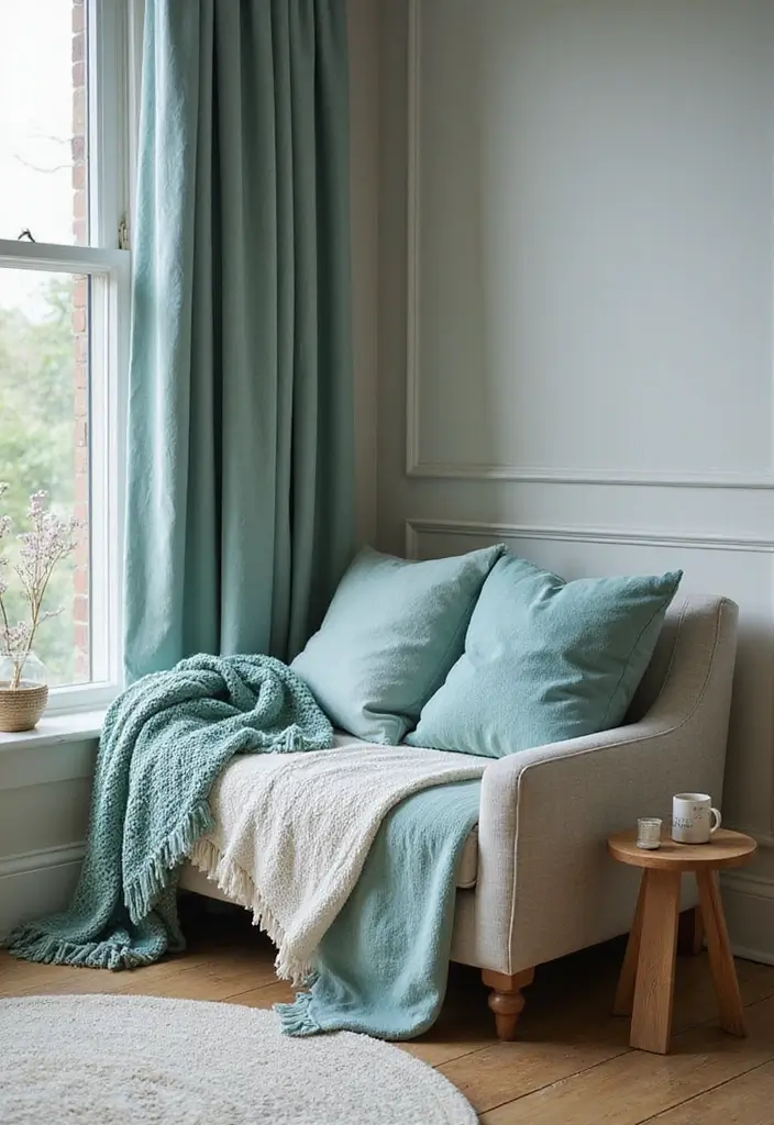 The Soothing Palette: 25 Muted Blue & Green Farmhouse Decor Ideas We Love - 3. Layered Textiles in Blues and Greens