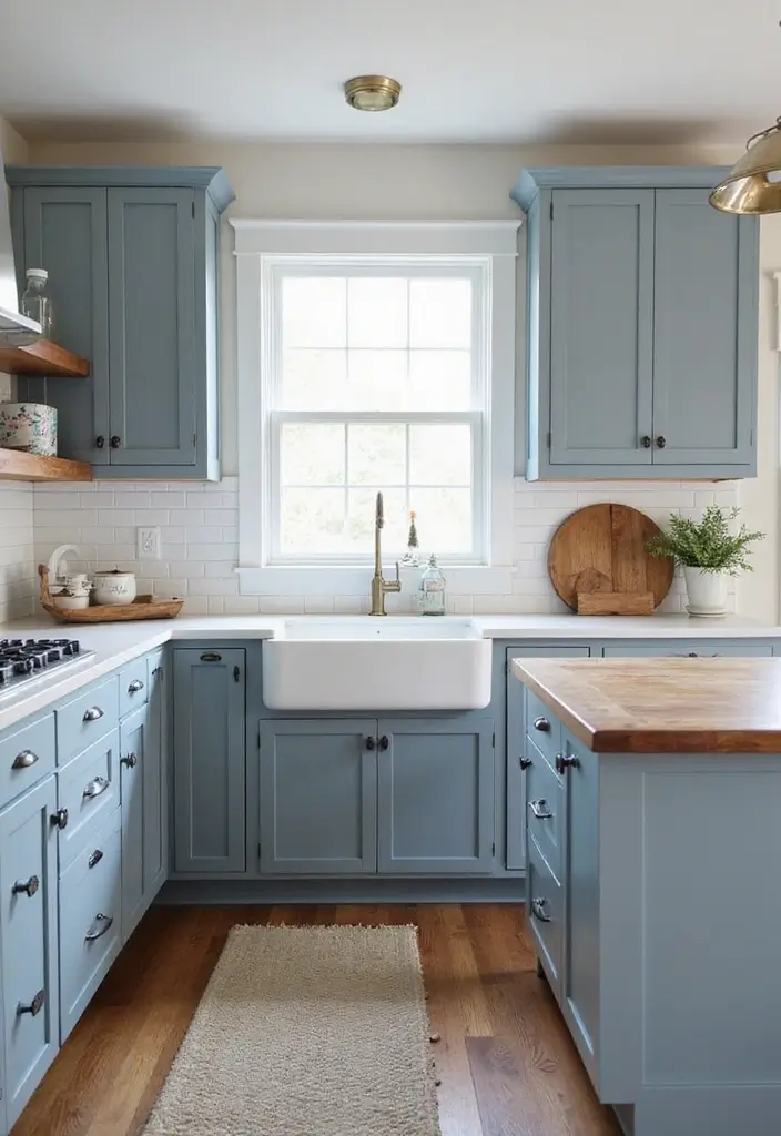 The Soothing Palette: 25 Muted Blue & Green Farmhouse Decor Ideas We Love - 6. Muted Blue Kitchen Cabinets