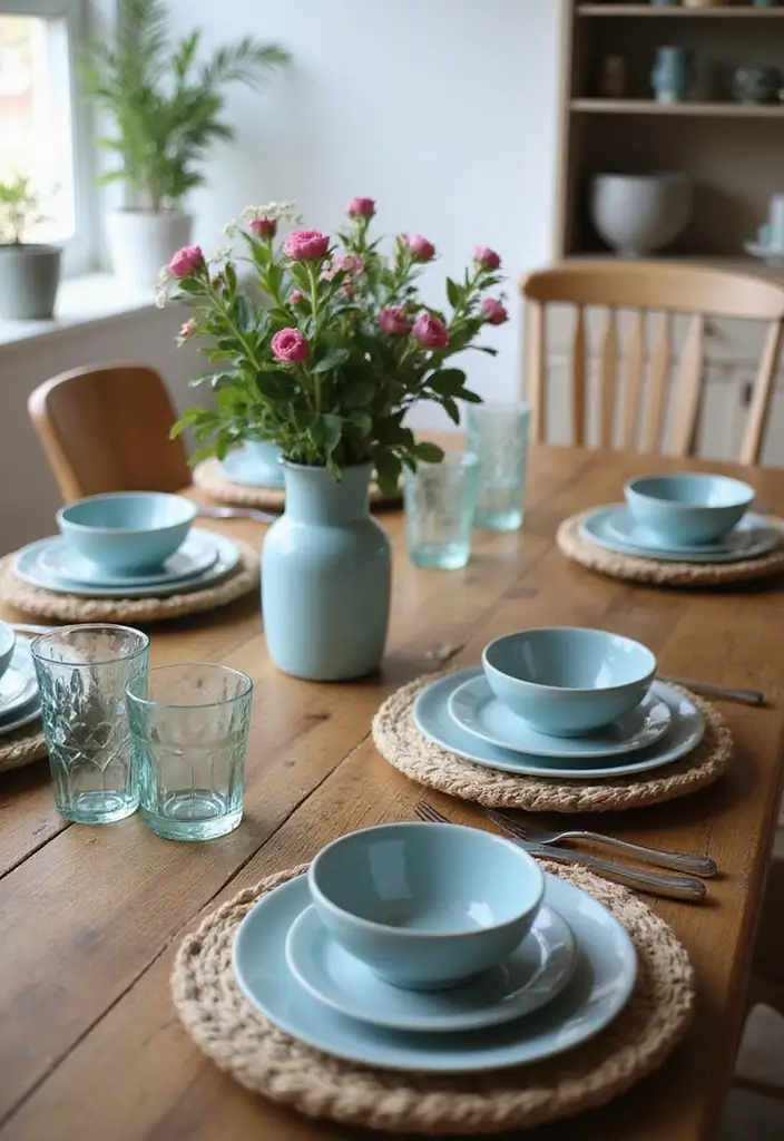 The Soothing Palette: 25 Muted Blue & Green Farmhouse Decor Ideas We Love - 8. Muted Blue and Green Table Settings